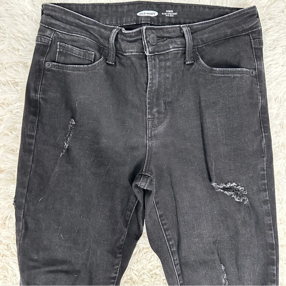 Old Navy Power Slim Straight Jeans 6 Short Black Distressed Mid Rise